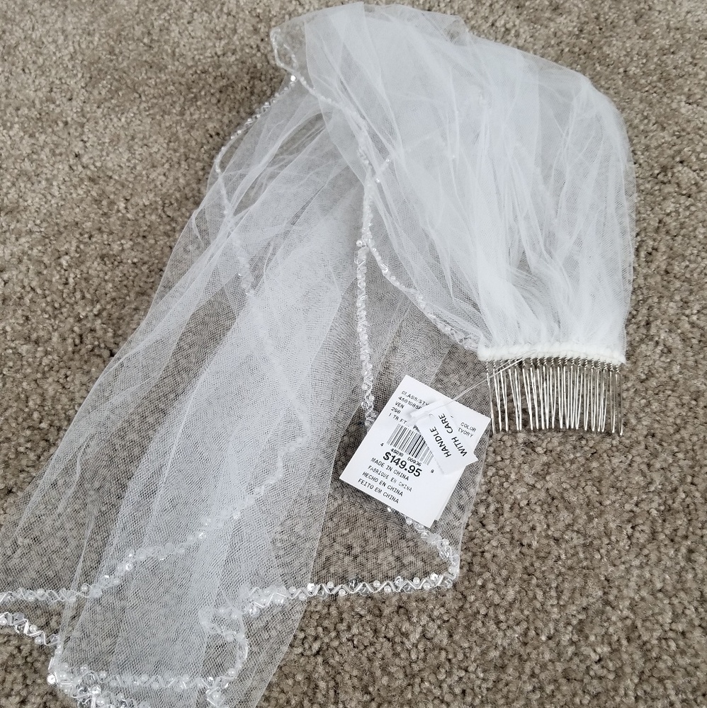 Ivory Fingertip length veil with beaded trim